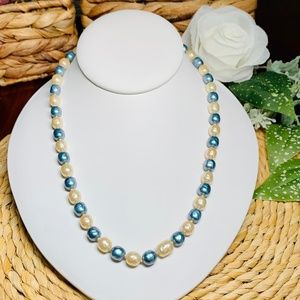 Vintage Faux Freshwater Pearl Necklace, Slate Blue and Cream, 33”